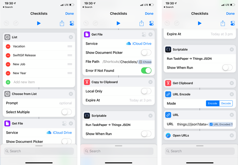 An iOS shortcut: Select from a list of items, get the file from iCloud Drive, copy it to the clipboard, run the Scriptable script, get the clipboard, url encode it and open Things using the URL scheme