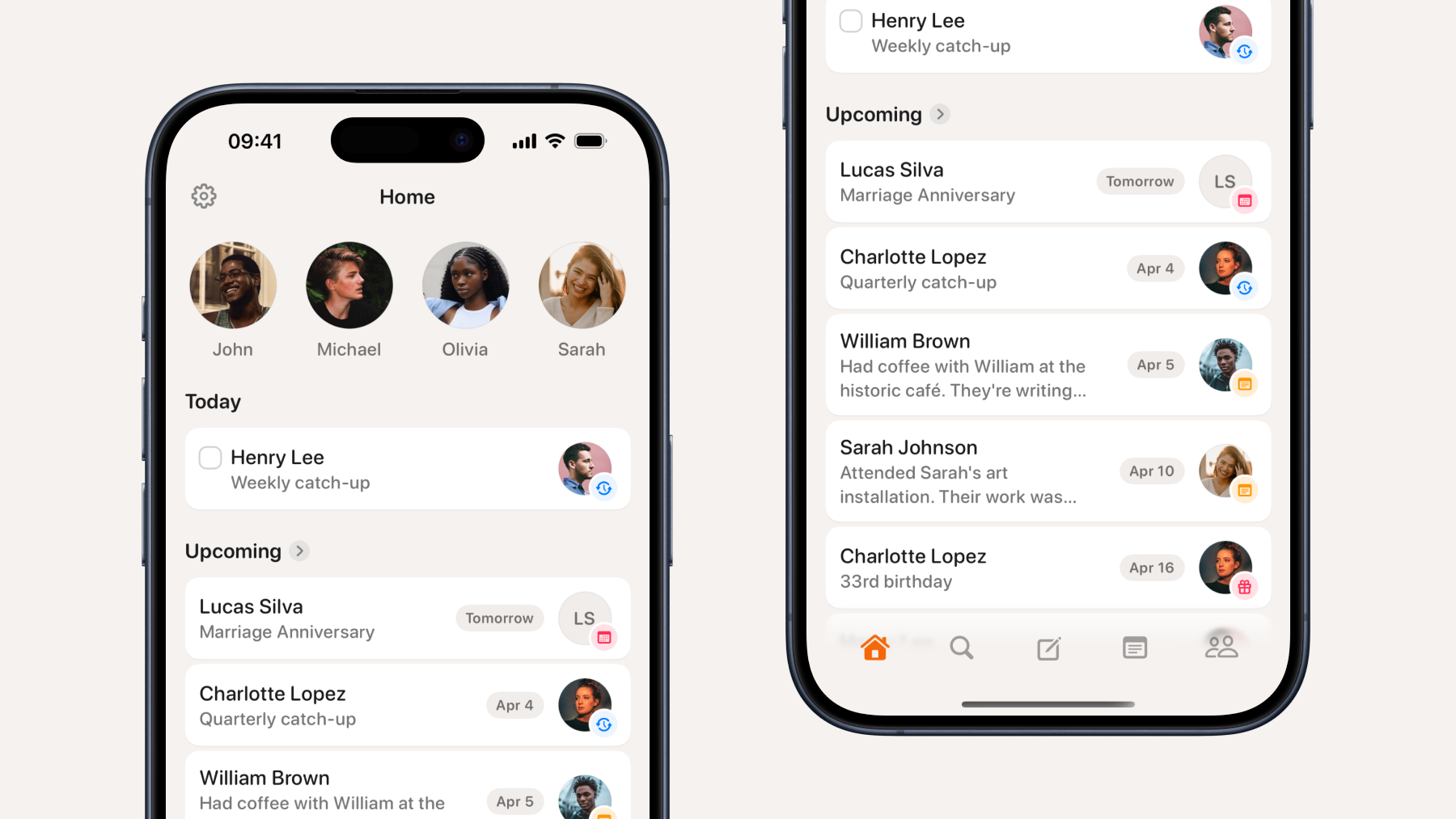 Screenshots of the Friendzone app, showing a list of upcoming events (catch-up, birthdays and notes)